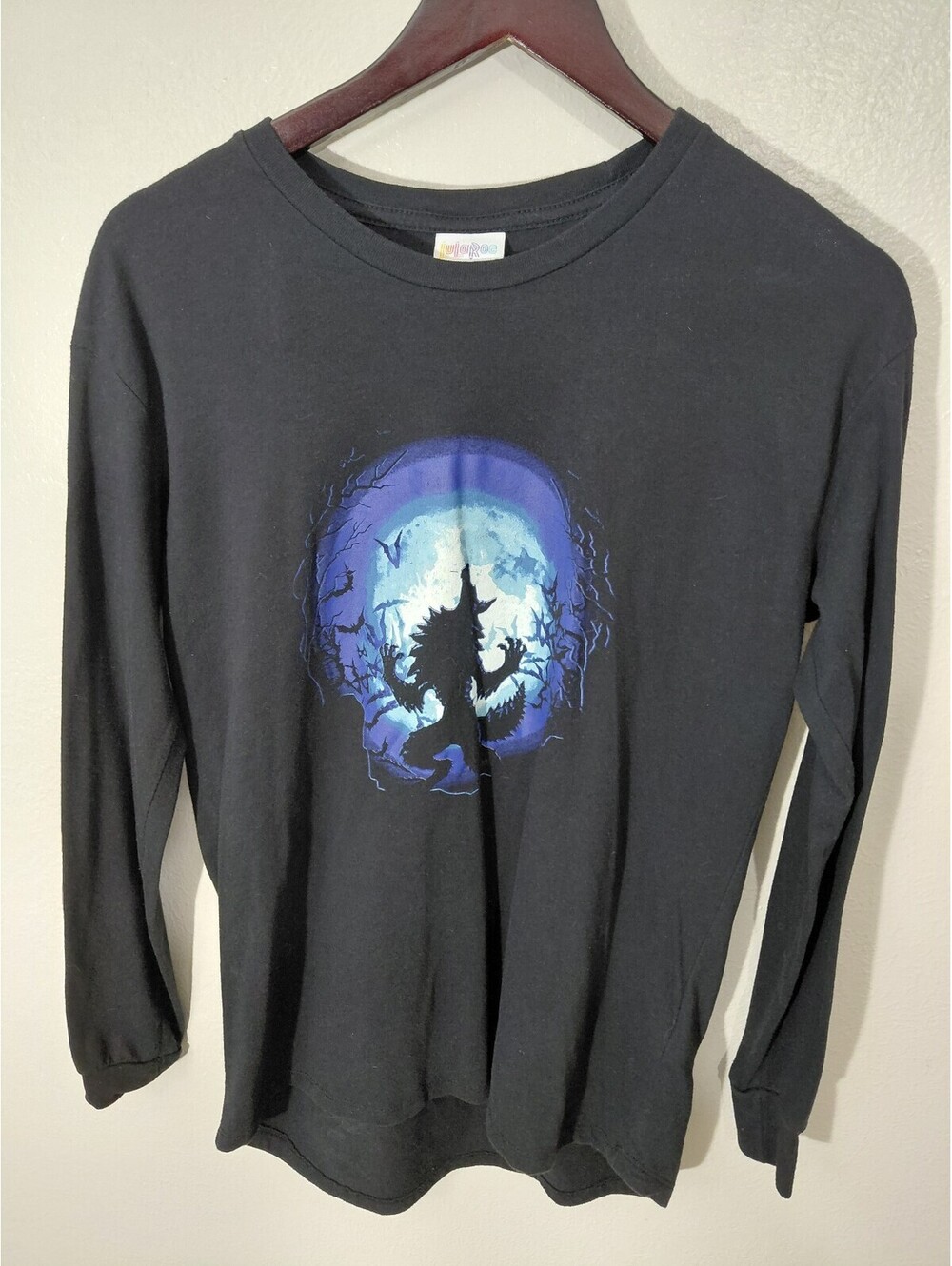 LuLaRoe Women's XS Black Long Sleeve Shirt with Werewolf and Full Moon Graphic